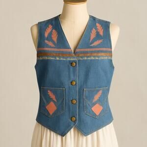 Vtg Wrangler Hand Painted Boho Western Denim Vest Womens Size M Artsy Festival